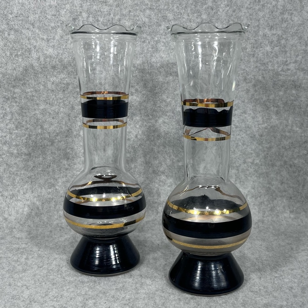 Mid Century Modern Style Vases Black Gold Painted Stripes Ruffled‎ Edge Opening